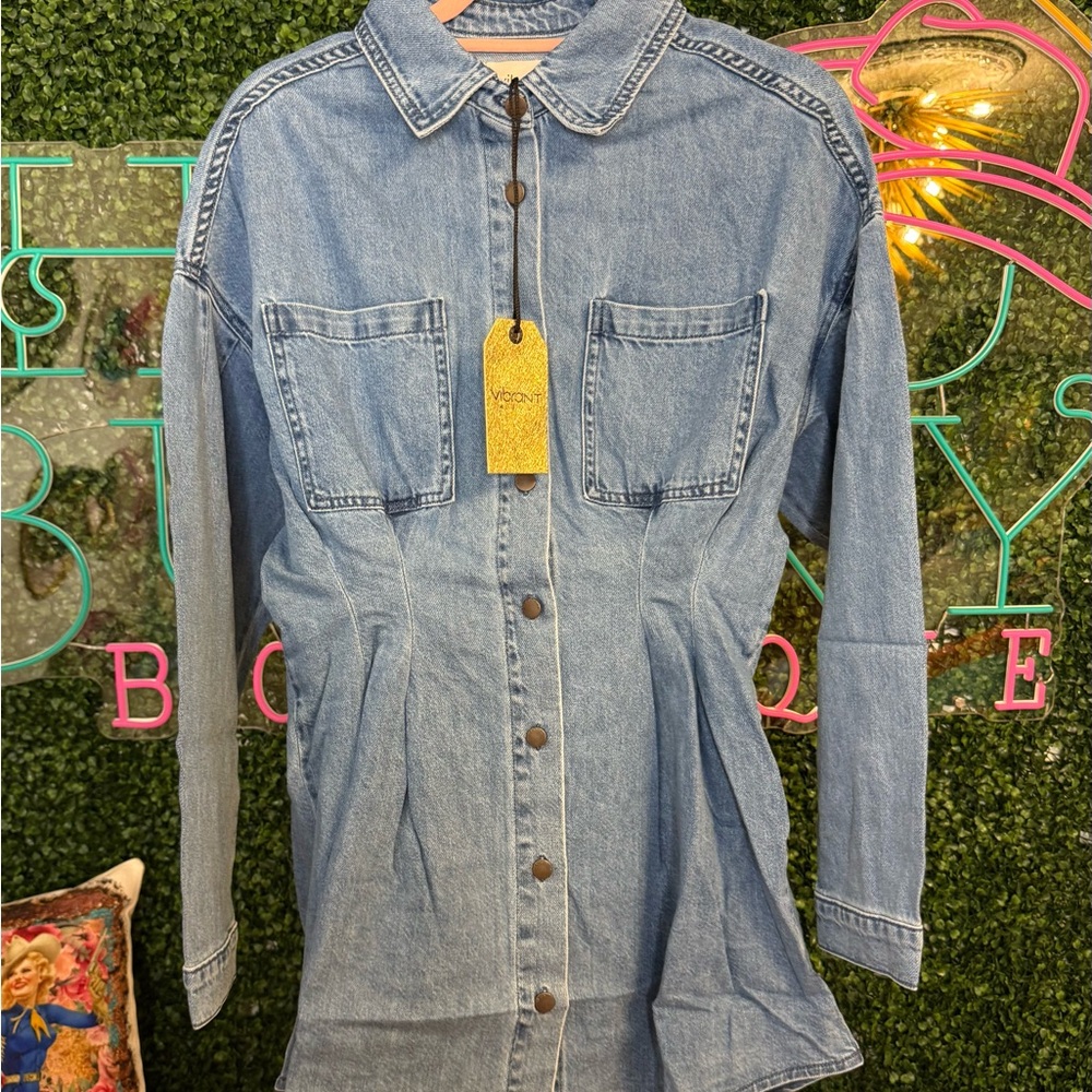 Vibrant‎ M.I.U. Denim Button-Up Long Sleeve Fitted Waist Shirt Dress NWT - Picture 2 of 8